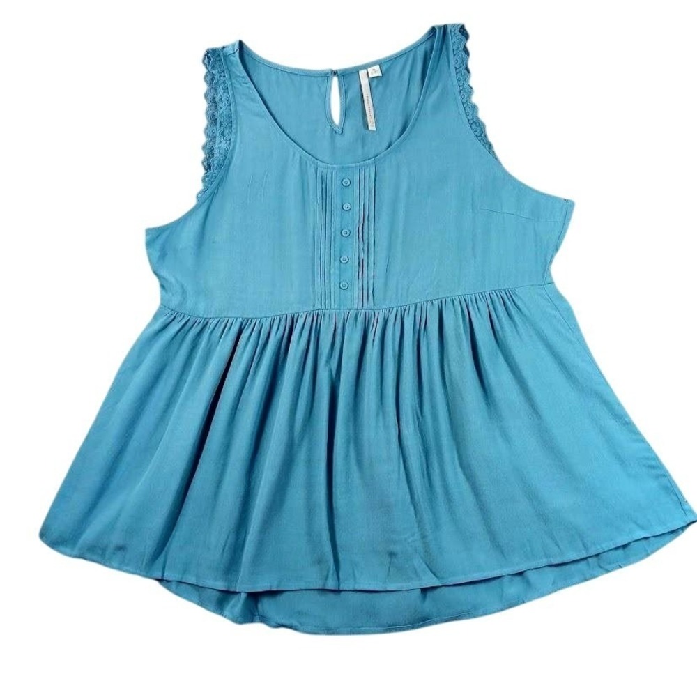 Lauren Conrad Blouse Womens XL Blue Lace Trim Tunic Sleeveless Rayon Scoop Neck